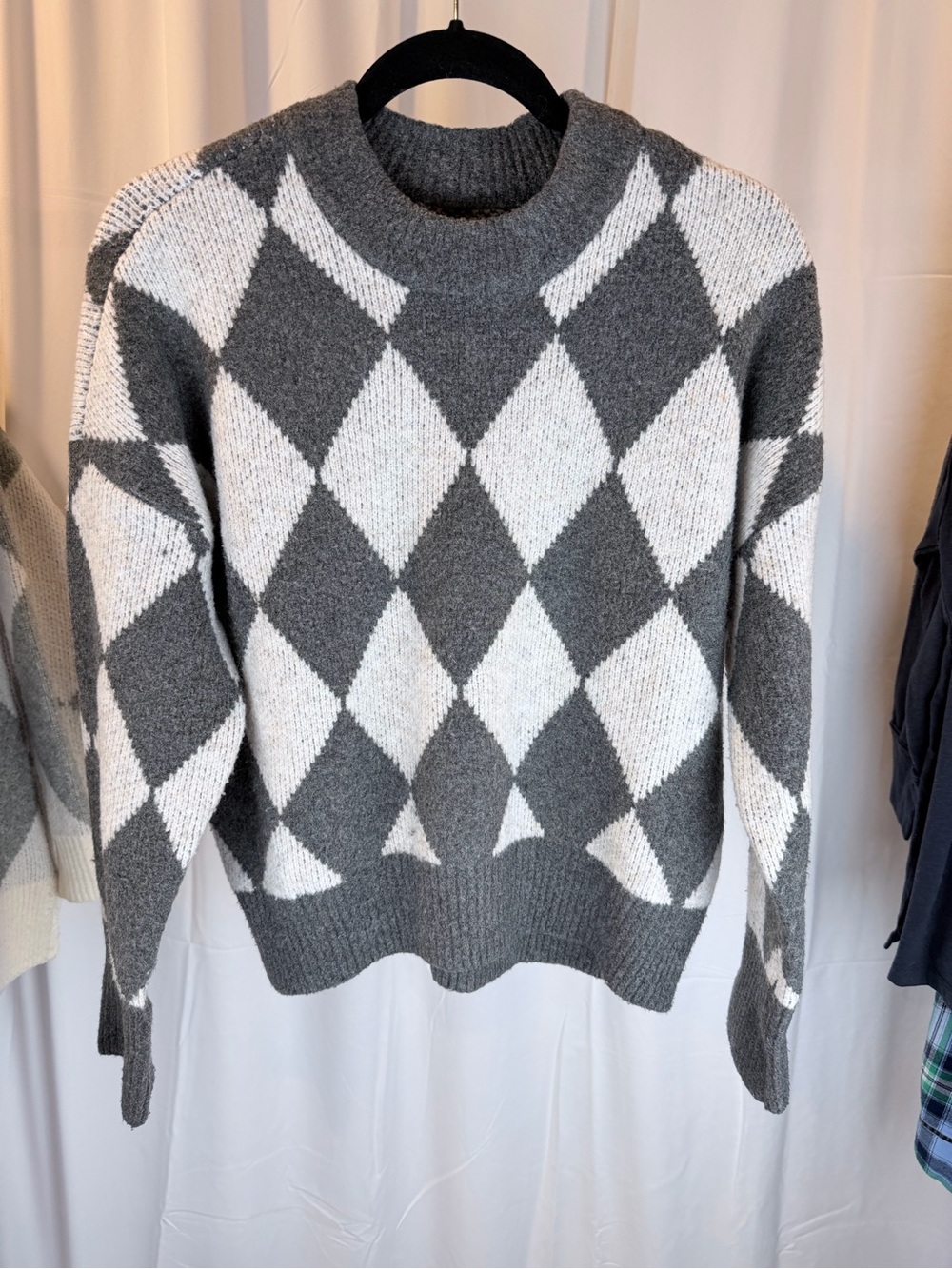 Dark Gray & White Argyle Crewneck Sweater